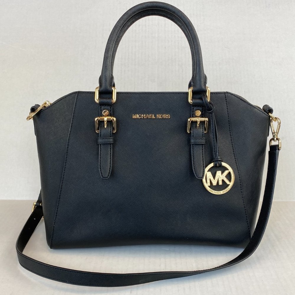 Michael Kors Large Ciara Black Saffiano Leather Handbag Gold Hardware Excellent